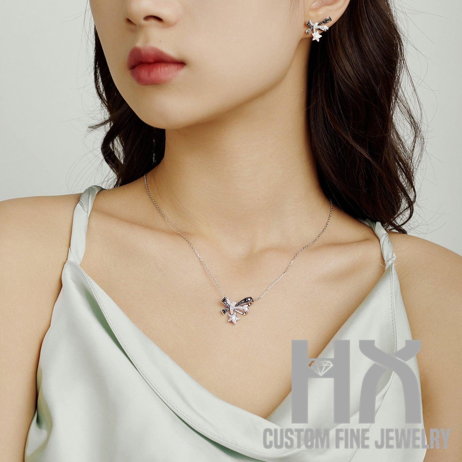 Black and White Diamond Bow Knot Pendant Necklace - HX Jewelry