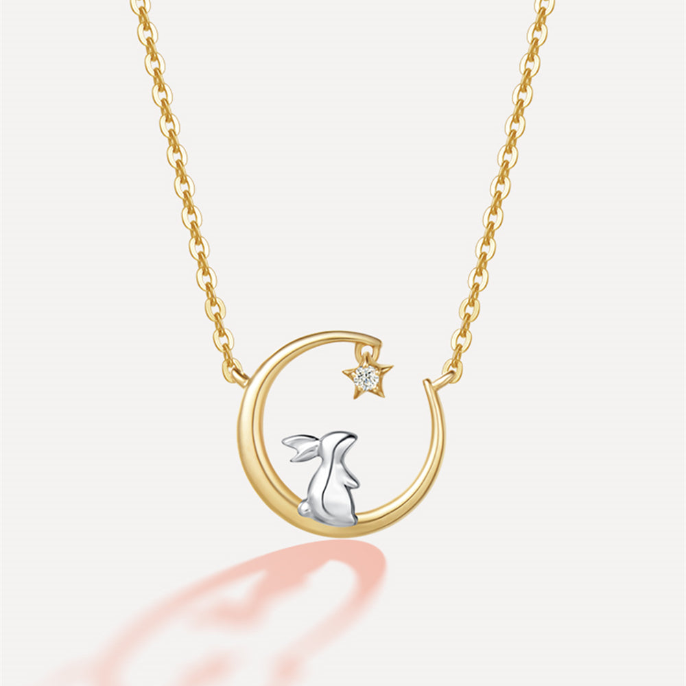 Diamond Bunny Rabbit on The Moon Pendant Necklace | HX Jewelry