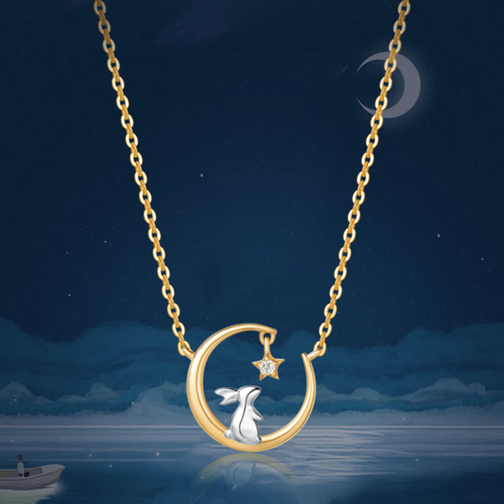 Diamond Bunny Rabbit on The Moon Pendant Necklace | HX Jewelry
