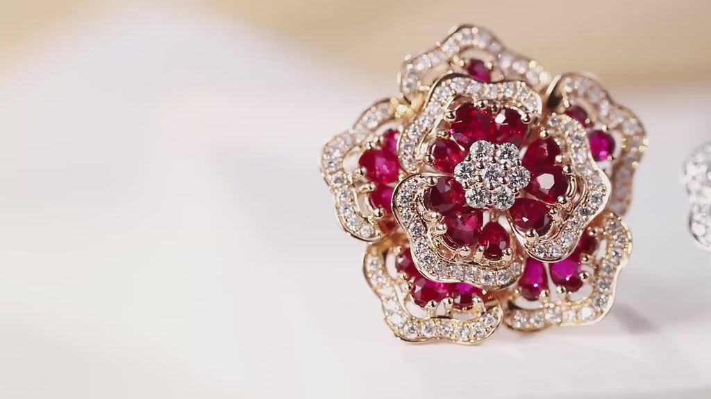 Gorgeous Pave Diamond Ruby Flower Cluster Ring | HX Jewelry