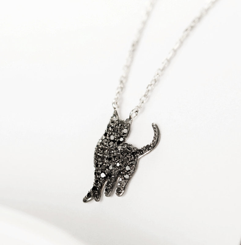 Black diamond cat pendant necklace Clearance