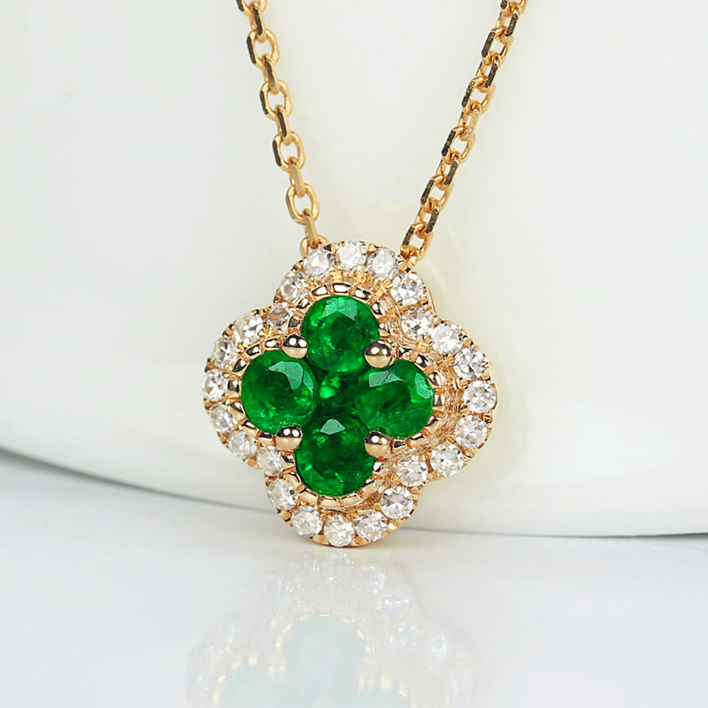 Diamond Emerald Lucky Clover Four Leaf Necklace