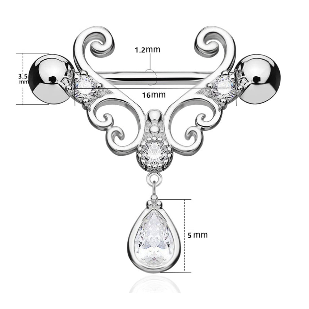zs1165 Diamond Nipple Barbell Ring with Drop Dangle 18kW