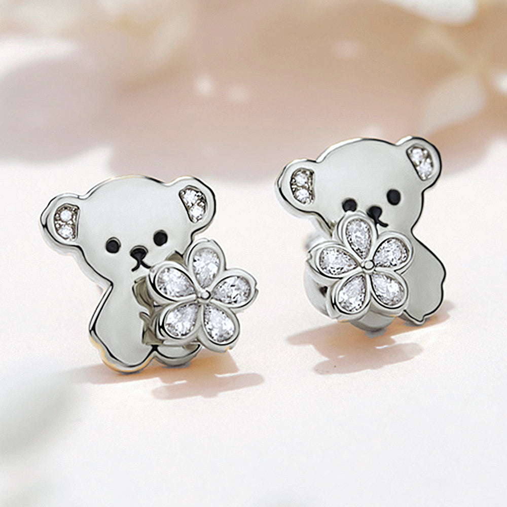 Diamond Teddy Bear With Rotatable Flower Earrings HX Jewelry