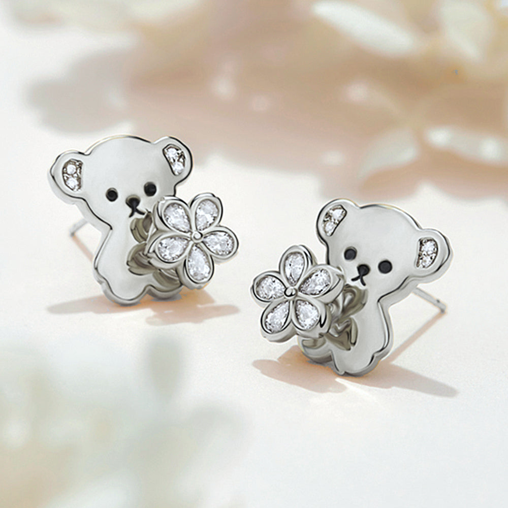 Diamond Teddy Bear With Rotatable Flower Earrings | HX Jewelry