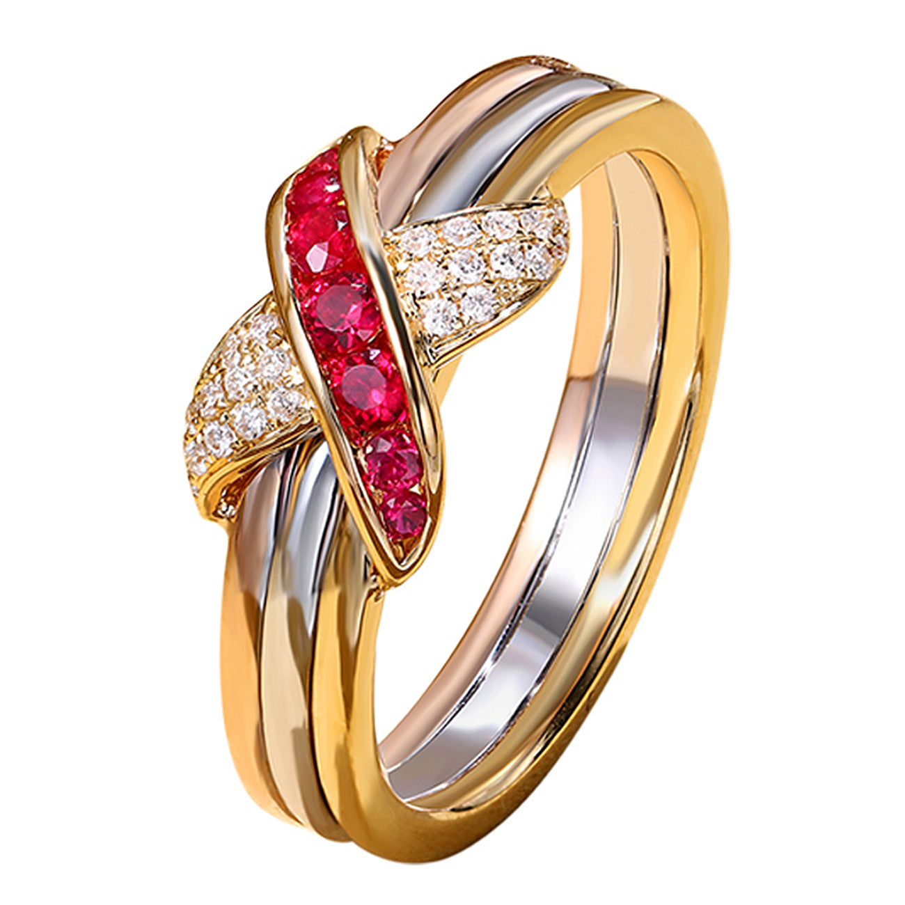 Tri Color Random Items Tri Color Gold Diamond & Ruby Criss Cross Ring | HX Jewelry