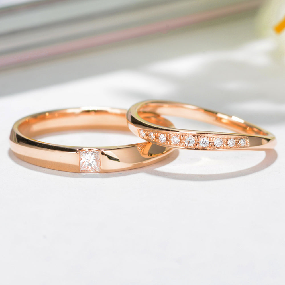 Beveled Edge Matte Wedding Couple Rings in 18K Rose Gold | HN JEWELRY