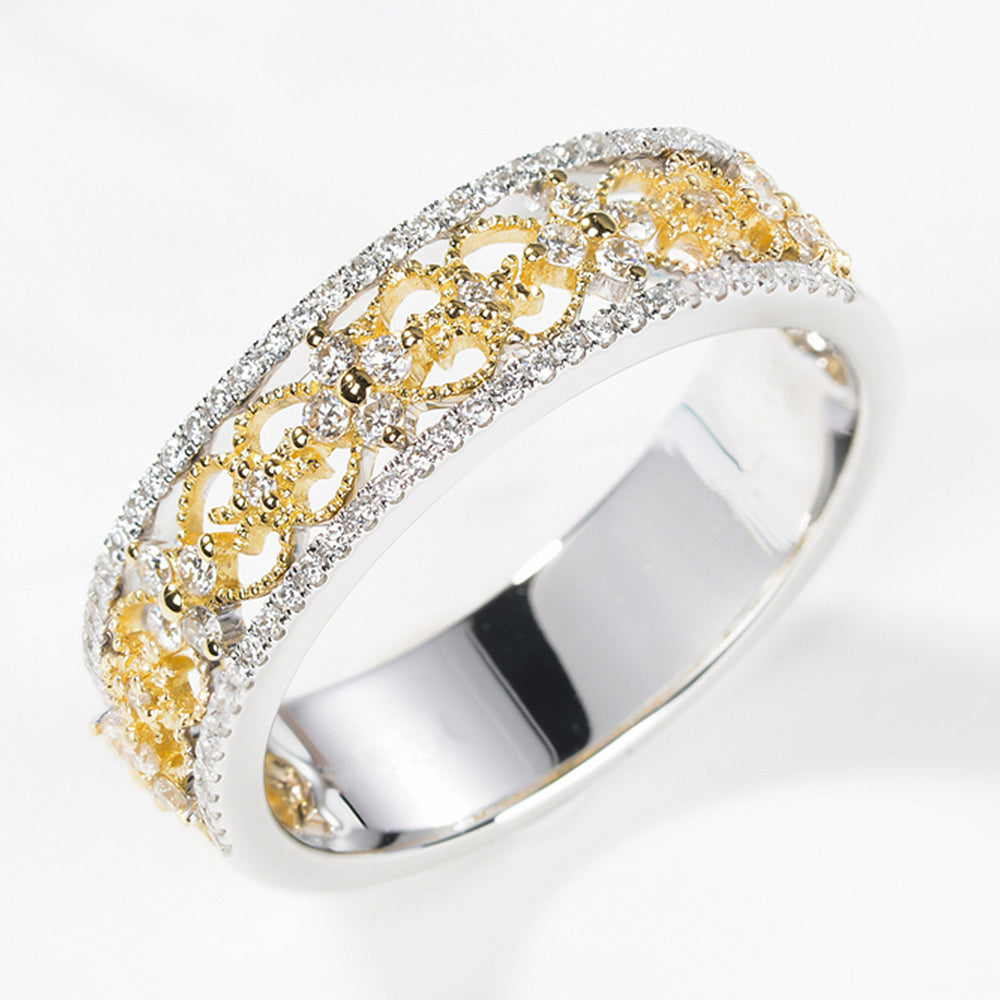 Wide Band Diamond Lace Ring 14K Yellow & White Gold