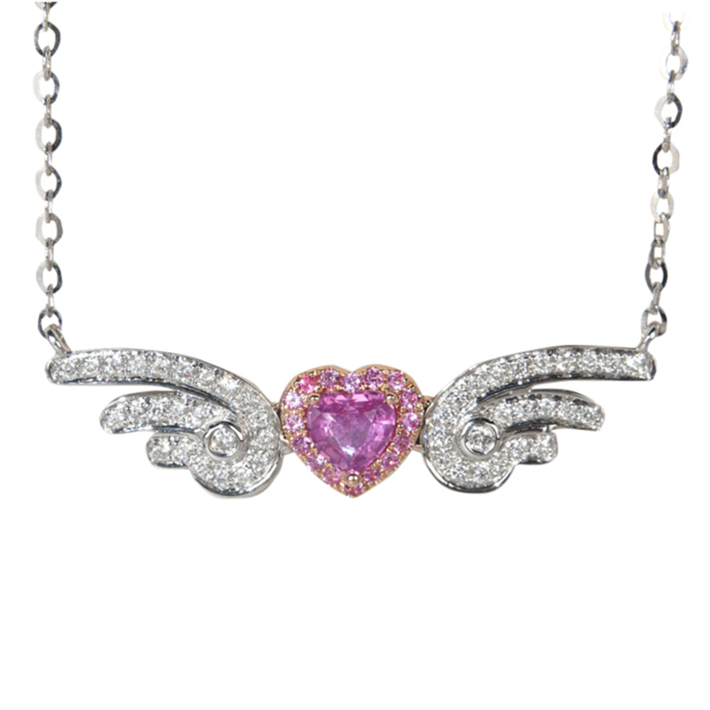 Pink Diamond Heart Angel Wings Pendant Necklace