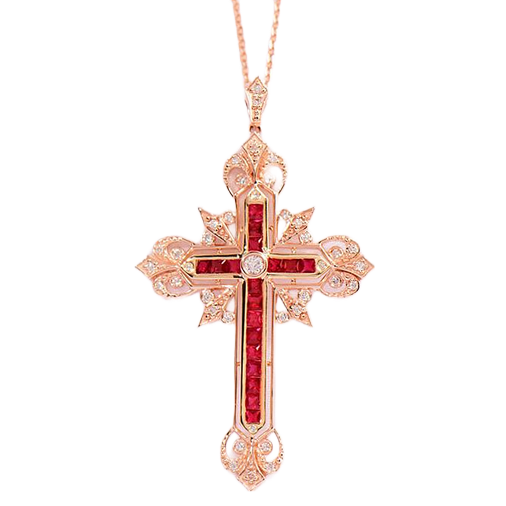 Diamond and Ruby Cross Pendant Necklace