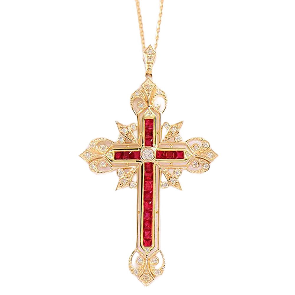 Diamond and Ruby Cross Pendant Necklace