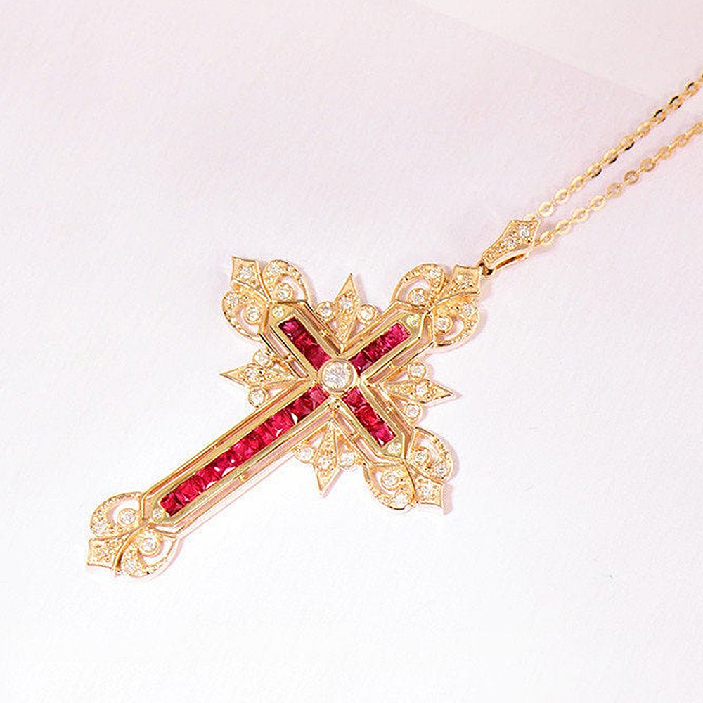 Diamond and Ruby Cross Pendant Necklace HX Jewelry
