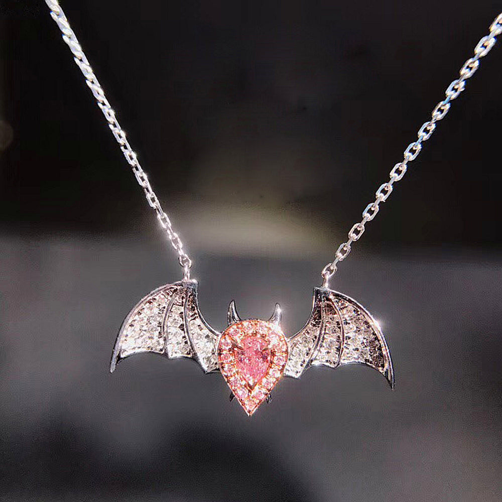 Pink Diamond Heart Angel Wings Pendant Necklace - 14K Gold Main Pink Diamond: 0.1 ct
