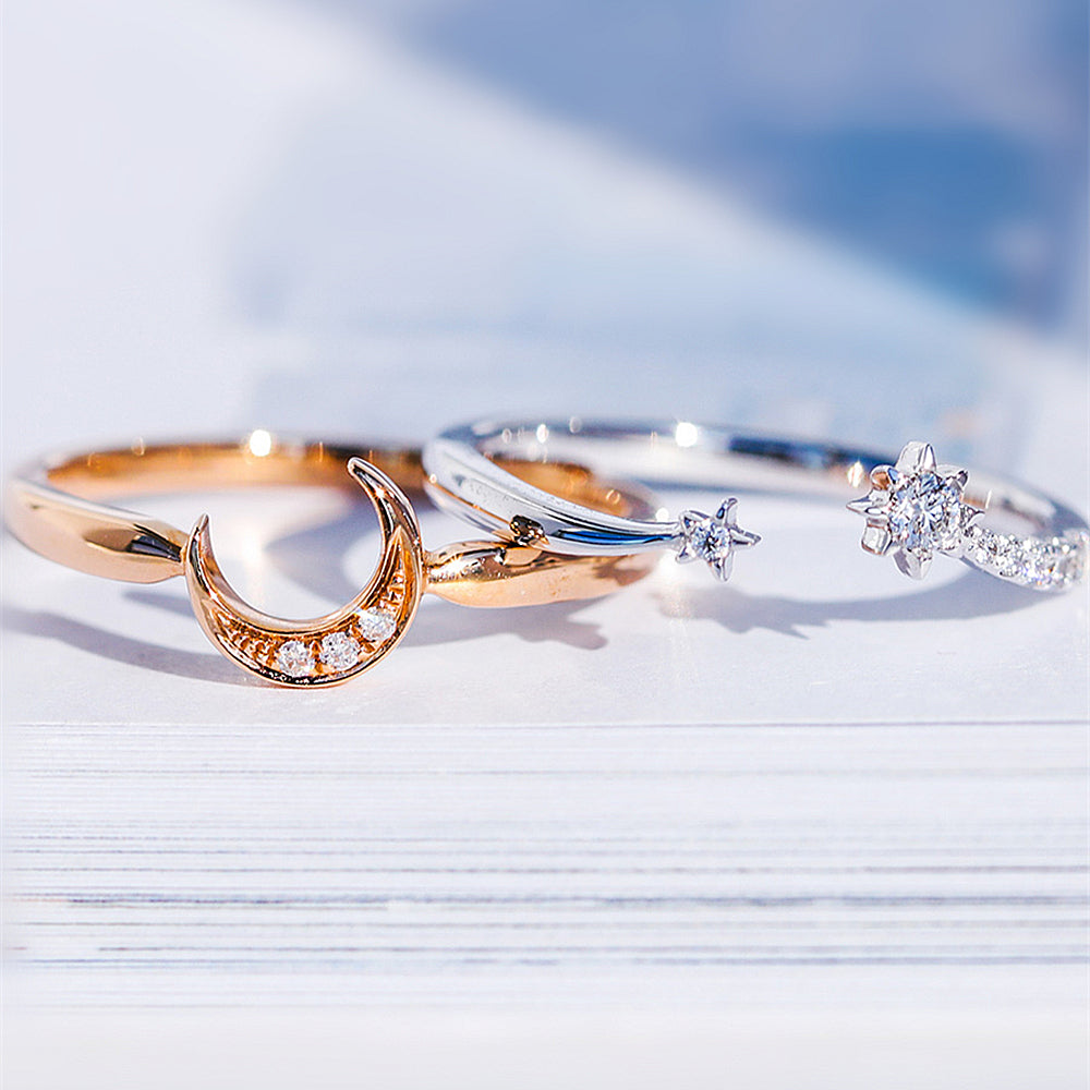 Diamond Crescent Moon and Star 2-Piece Matching Rings Set