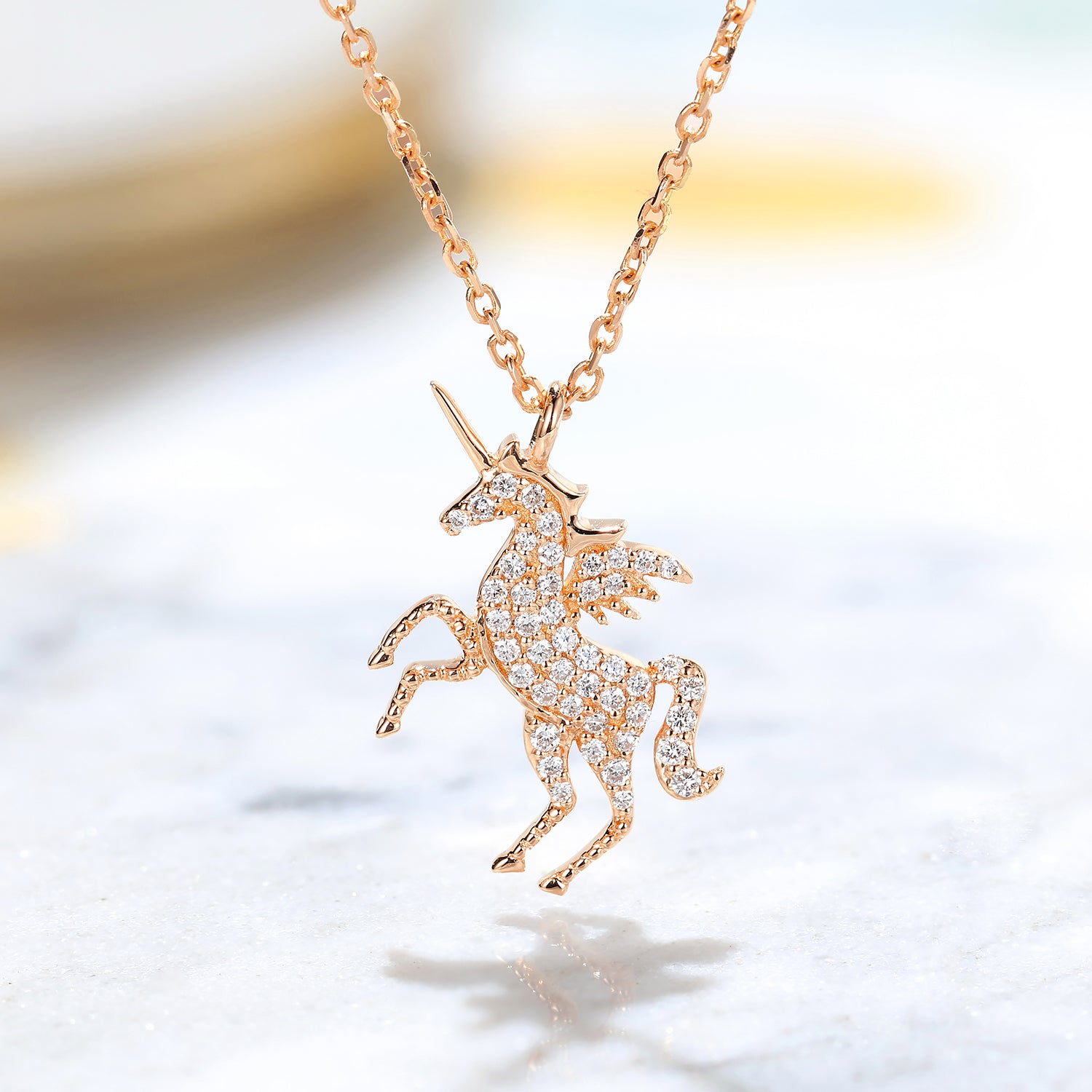 Diamond Fairy Tale Unicorn Circle Pendant | HX Jewelry 14K Rose Gold