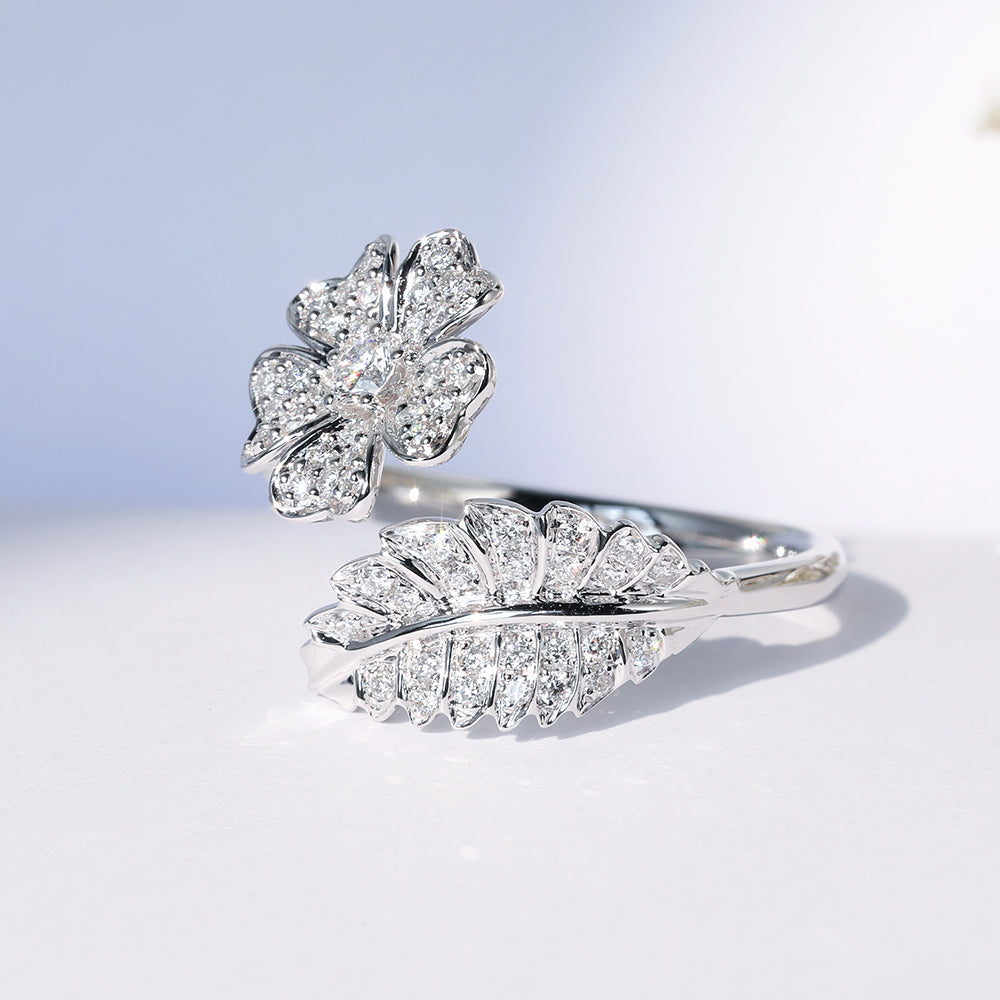 Nature Inspired Flower Leaf Diamond Wrap Ring