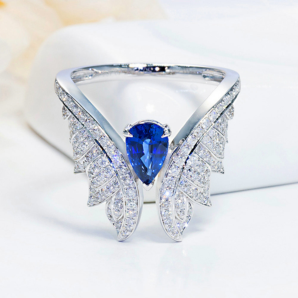 Pear Cut Sapphire and Diamond Angel Wings Ring