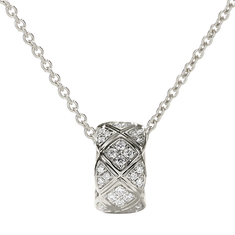 Grid Pattern Diamond Cylinder Pendant Necklace - 18K White Gold